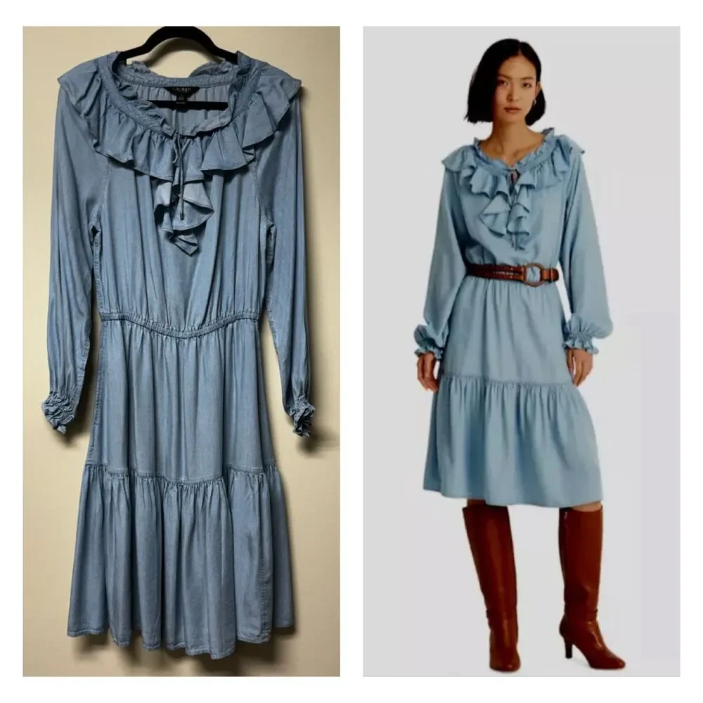 NWOT - Lauren Ralph Lauren Chambray Ruffle Keyhole Tie Front Midi Dress, Sz 2